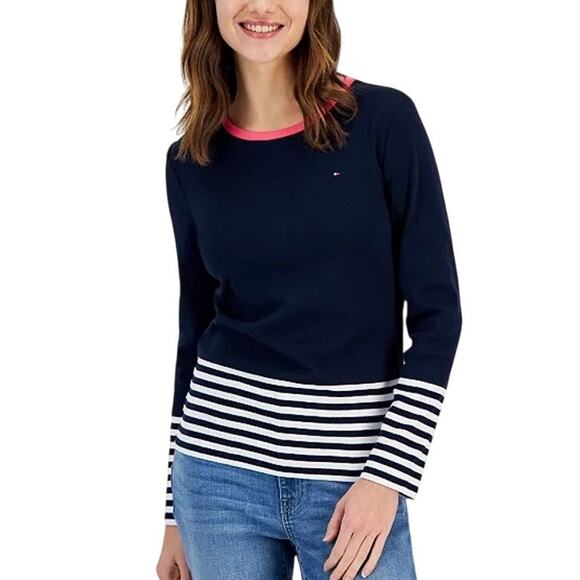 Tommy Hilfiger Navy Cotton Colorblock Stripe Crewneck Long Sleeve Preppy Top NWT - Picture 1 of 8